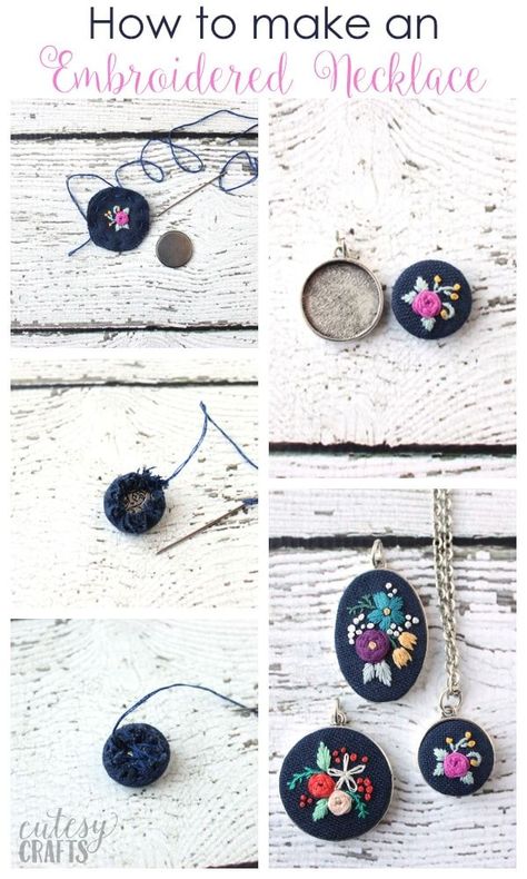 Pendant Frames for Embroidery - How to put embroidery in a necklace. Free Hand Embroidery Patterns, Free Hand Embroidery, Embroidery Pendant, Embroidery Jewellery, Mini Embroidery, Miniature Embroidery, Embroidery Patchwork, Stitch Jewelry, Sewing Patchwork