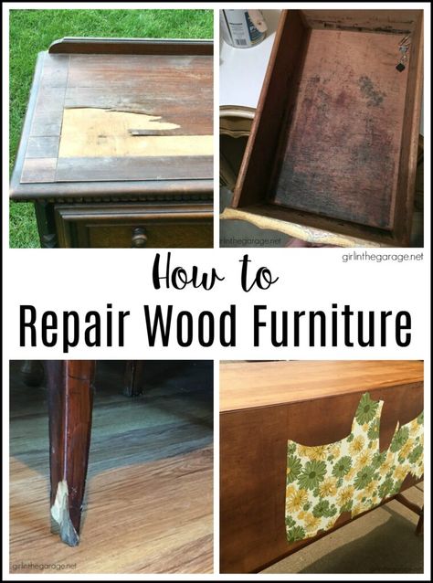 How to repair wood furniture including: fix cracked veneer, gouges, broken pieces, remove contact paper, ink stained drawers, and more common problems. Furniture makeover advice by Girl in the Garage Repair Wood Furniture, Kitchen Dressers, Diy Furniture Repair, Redoing Furniture, Recycled Wood Furniture, Salvaged Inspirations, Furniture Upcycling, Staining Furniture, Laminate Furniture