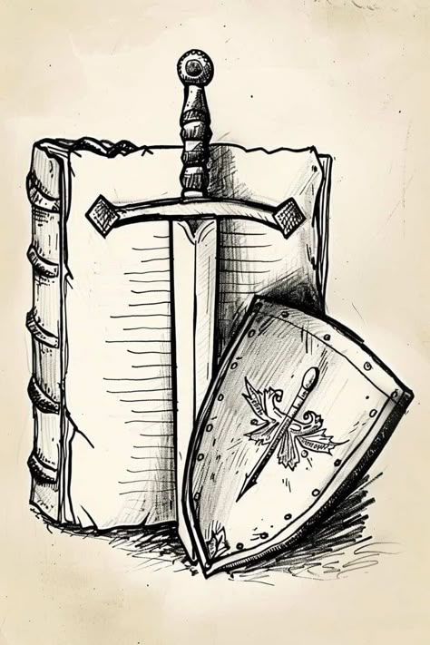 Bible drawing with a sword and shield Bible Doodle Art, Christian Drawings Inspiration Easy, Easy Christian Drawings Faith, Bible Related Drawings, Drawings For Art Class Ideas, Bible Sketches Ideas, Christian Sketches Easy, Bible Sketches Art, Black And White Drawings Pencil