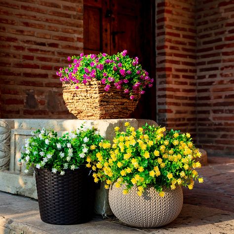 Faux Planter Fillers, Fake Plants Front Yard, Front Porch Fake Plants Flower Pots, Outdoor Fake Plants Patio, Artificial Mums Front Porch, Using Fake Flowers Outdoors, Fake Ferns On Front Porch, Fake Outdoor Plants Front Doors, Fake Plants Outside Landscaping