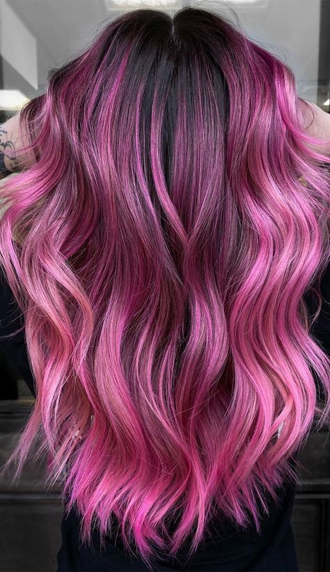 Hot Pink And Light Pink Hair, Brown Hair Colors Fall, Colourful Hair Ideas For Blondes, Baby Pink Hair Color, Pink Hair Dark Roots, Hot Pink Peekaboo Hair, Salmon Pink Hair, Pink Halo Hair, Dusty Rose Hair Color