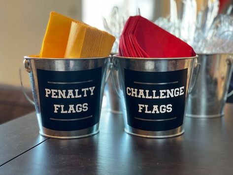 Custom penalty flag stickers for your Super Bowl party! Customize with your team's colors and logo. Perfect for decorating your game day snacks, drinks, and more! #superbowl #party #snacks #drinks . #San_Carlos #Football_Theme_Food_Ideas #Sports_Party_Decorations_Diy #Super_Bowl_Party_Favors Super Bowl Work Party, Penalty Flag Napkins, Sports Birthday Party Snacks, Football Hallway Decorations, Nfl Party Ideas Decor, Superbowl Party Ideas Decoration, Iron Bowl Party Ideas, Flag Football Birthday Party, Nfl Birthday Party Ideas