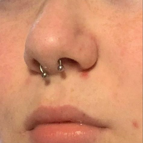 Nose Chain Piercings, Piercing Ideas Septum, Septum Piercing Close Up, Unique Piercings Body, Nose Piercing Inspo, Piercing Setup, Pierced Nose, Snake Bite, Face Piercings