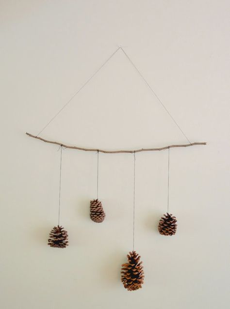 Stick Mobile, Pinecone Crafts Kids, Simple Wreath, Tree Branch Decor, Diy Pinecone, Cones Crafts, Pine Cone Crafts, Branch Decor, Fall Decor Diy