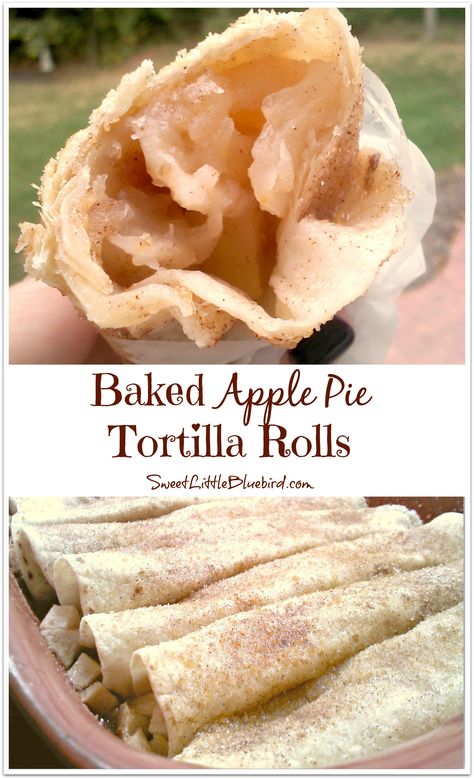 Baked Apple Pie Tortilla Rolls - So simple to make! A favorite go-to dessert! You can use apple pie filling from scratch or canned! Enjoy hot or cold! Great served warm with vanilla ice cream or cold, wrapped in wax paper in your hand - so good! | SweetLittleBluebird.com Things To Make With Tortillas, Gf Tortillas, Quinoa Tortillas, Tortilla Dessert, Apple Rolls, Simple Desserts, Rolls Easy, Tortilla Rolls, Apple Pie Filling