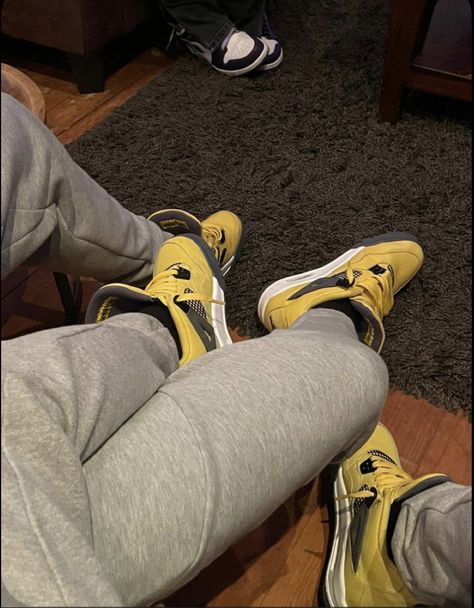 Matching Jordan 4s Couple, Yellow Jordan 4s Outfit, Jordan 4 Yellow Lightning Outfit, Lighting Jordan 4 Outfit, Lightning Jordan 4s Outfit, Matching Shoes For Couples Jordans, Matching Nike Tech Couple, Lighting 4s Outfit, Matching Jordans Couples