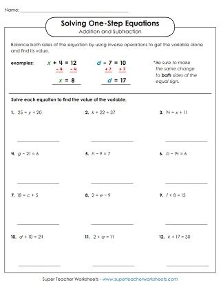 Solving One-Step Equations Worksheet Solving Algebraic Equations, Algebraic Equations, One Step Equations, Algebra Equations, Teacher Helper, Brain Teasers, Equations, Printable Worksheets, First Step