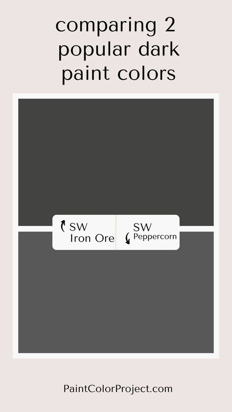 Trying to pick the perfect black paint color? Here's a complete comparison of Iron Ore vs Peppercorn, two popular soft black paint colors! Sw Iron Ore Vs Peppercorn, Iron Ore Versus Peppercorn, Peppercorn Vs Iron Ore, Moody Gray Paint, Iron Ore Vs Peppercorn, Soft Black Paint Color, Charcoal Gray Paint, Sw Peppercorn, Sherwin Williams Peppercorn