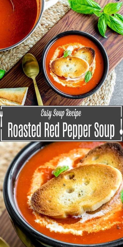 roasted red pepper soup Red Pepper Soup Recipe, Tomato Red Pepper Soup, Roasted Pepper Soup, Pepper Soup Recipe, Easy Soup Recipe, Best Easy Dinner Recipes, Sautéed Onions, Tomato Soup Easy, Roasted Red Pepper Soup