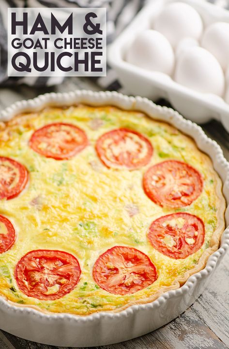 Ham and Goat Cheese Quiche is an easy and delicious breakfast recipe using leftover ham, soft chèvre goat cheese, Parmesan and green onions. The cheesy flavors in this classic dish make for an impressive brunch idea! #GoatCheeseRecipe #HamQuiche #BrunchIdea #LeftoverHam Goat Cheese Quiche, Cheese Quiche Recipe, Ham And Cheese Quiche, Homemade Pie Crust Recipe, Leftover Ham Recipes, Goat Cheese Recipes, Easy Brunch Recipes, Cheese Quiche, Leftover Ham