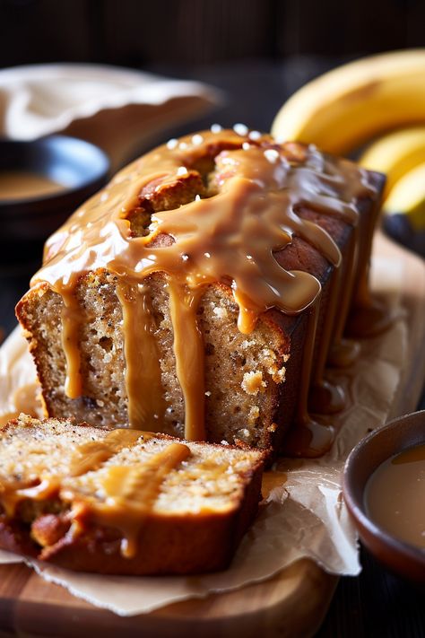 A soft, moist banana bread enriched with the flavors of salted caramel, then topped with a generous drizzle of warm salted caramel sauce. It's a divine twist on classic banana bread, offering a delightfully sticky and sweet experience. Recently, I found myself with several brown bananas on my kitchen counter—again. It seems my family alternates Pineapple Sunshine Cake Recipe, Salted Caramel Banana Bread, Caramel Banana Bread, Caramel Banana Cake, Caramel Bread, Caramel Brownies Recipe, Brown Bananas, Classic Banana Bread, Banana Caramel