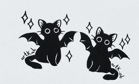 Black Cat And Pumpkin Tattoo, Bat Tattoos Cute, Small Owl Drawing, Cute Spooky Cat Drawing, Small Ghost Cat Tattoo, Bat Art Cute, Cat With Bat Wings, Cat Bat Tattoo, Black Cat Halloween Tattoo