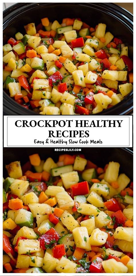 Discover the joy of easy and healthy slow-cooked meals with this vibrant and colorful mix of vegetables and pineapple. Perfect for meal prep or a quick weeknight dinner, these crockpot recipes are packed with flavor and nutrition. Let your slow cooker do the work while you enjoy a delicious and wholesome meal! Easy Food Recipes For Dinner Healthy Crockpot, Slow Cooker Heart Healthy Recipes, Aip Crockpot Meals, Anti Inflammation Crock Pot Recipes, Meat And Veggie Crockpot Meals, Healthy Dinner Recipes For Family Slow Cooker Crockpot Meals, Pregnancy Crockpot Meals, Veggie Crockpot Recipes, Health Crockpot Meals