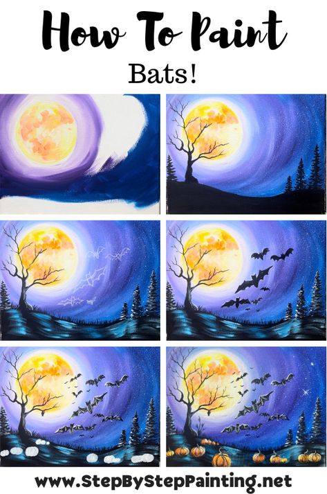 Bats! - Acrylic Painting Tutorial Paint Night Step By Step, Halloween Painting Step By Step, Step By Step Halloween Painting Canvas, Halloween Landscape Art, Halloween Painting Tutorial, Bat Painting Easy, Fall Paint And Sip, Paint Night Ideas Step By Step, Spooky Landscape