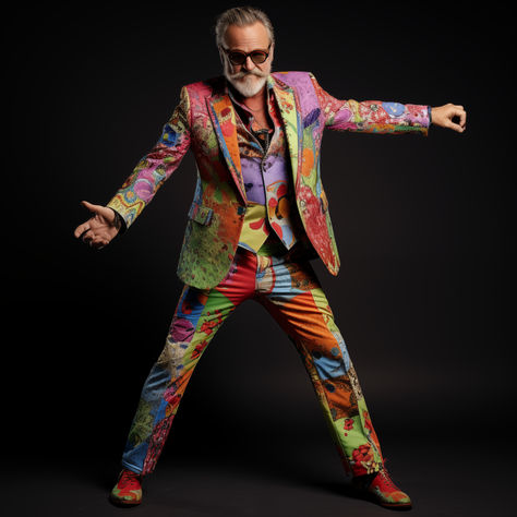 front facing full length photograph of eccentric man standing, he wears a fitted suit with crazy colours and intricate patterns made of the finest silk, he makes a theatrical welcoming gesture to the camera, studio photography, canon dslr studio lighting, white background Camera Studio, Canon Dslr, Photography Canon, Man Standing, Crazy Colour, Fitted Suit, Studio Lighting, Intricate Patterns, Studio Photography