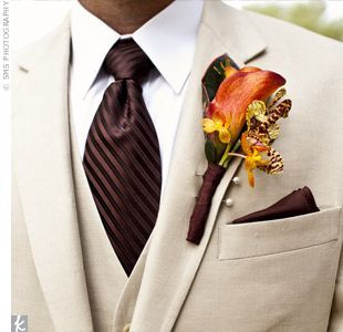 #Burnt #orange and #chocolate #brown #wedding #tuxedo #suit #fall Fall Groomsmen, Brown Groomsmen, Chocolate Brown Wedding, Calla Lily Boutonniere, Costume Beige, Brown Wedding, Wedding Groomsmen, Groomsmen Suits, Tuxedo Wedding