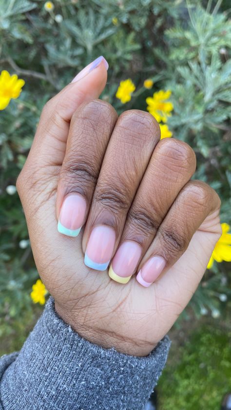 Clear Nails With Coloured Tips, Colour French Tips Nails, Pastel French Manicure, Pastel French Tip Nails, Colorful French Nails, Pastel French Tips, Colored French Tips, Colorful French, Dip Nails