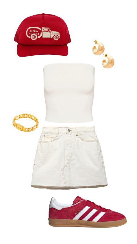 Skirt Outfits Ideas Casual, Red White Dress Outfit, Red Sambas Adidas Outfit Summer, Off White Mini Skirt Outfit, Gazelle Skirt Outfit, Spring Outfits Samba, Red Gazelle Adidas Outfit Summer, Red Hat Outfit Summer, White And Red Dress Outfit