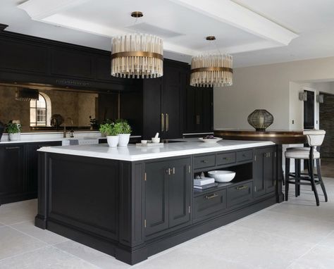 Monochrome Dining Room, Kitchen Cupboard Colours, Modern Light Fittings, Classical Living Room, Open Plan Kitchen Dining Living, Brass Crown, Glass Ceiling Pendant, Open Plan Kitchen Dining, Kitchen Chandelier