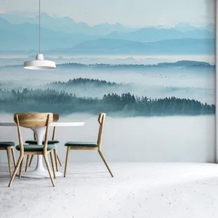 Landscape Wallpaper Living Room, Misty Nature, Wallpapered Entryway, Float Tank, Bright Furniture, Wallpaper Vinyl, Forest Mural, Apt Ideas, Texture Wall