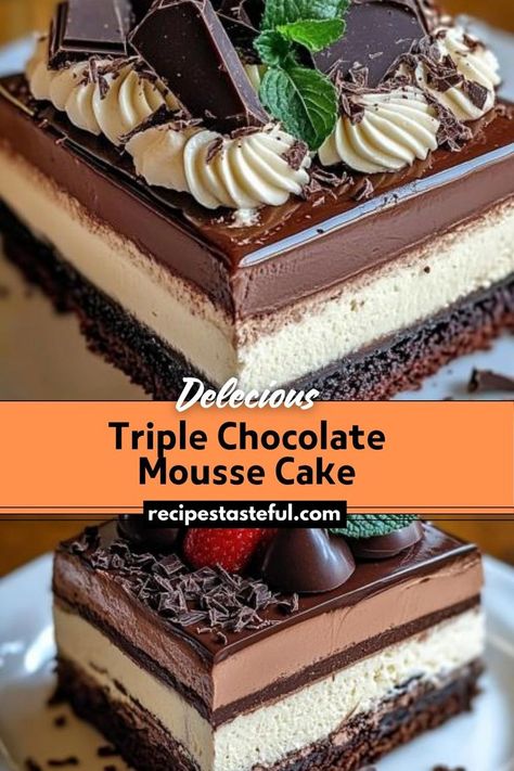 A decadent cake featuring layers of rich dark chocolate, smooth milk chocolate, and light white chocolate mousse, topped with a glossy chocolate glaze and garnished with fresh mint and chocolate chunks. Triple Chocolate Mouse Cake, Chocolate Entremet Recipe, Mouse Cake Recipe, Chocolate Mousse Brownies, Triple Chocolate Mousse, Entremet Recipe, Swiss Cake, Mint And Chocolate, Triple Chocolate Mousse Cake