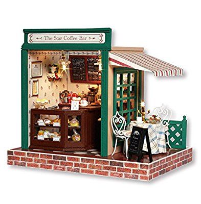 DIY Wooden Miniature Dollhouse Kit--Coffee Bar Model with Furniture/Food/LED Light/Music box, Dollhouses - Amazon Canada Building Reference, Furniture Led, Wooden Miniature, Diy Coffee Bar, Mini Business, Dollhouse Miniatures Diy, Toy House, Dollhouse Toys, Diy Bar