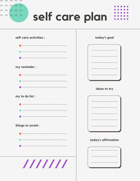 Worksheet with self care activities, daily reminders, to do list, things to avoid, todays goal, ideas and todays affirmation. Bullet Journal Ideas For Students, Journal Ideas For Students, Creative Bullet Journal Ideas, Counselor Activities, What Is Self Care, Self Care Plan, Custom Kids Clothes, Time Management Printable, Printable Self Care