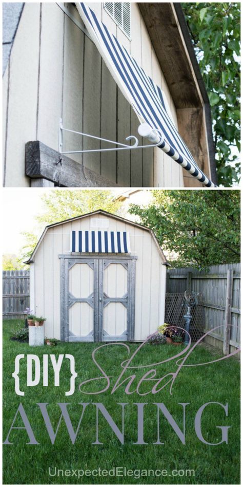 DIY Shed Awning {Quick and EASY} - Unexpected Elegance 10x10 Shed Plans, 10x12 Shed Plans, Diy Storage Shed Plans, Diy Awning, Shed With Porch, Yard Sheds, Diy Storage Shed, Wood Shed Plans, Build Your Own Shed