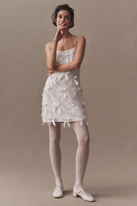 Hutch Halter Bow Mini Dress | Anthropologie Short Bridal Gown, White Lace Dress Short, Bow Mini Dress, Plus Size Brides, White Halter Dress, Anthropologie Wedding, Best Summer Dresses, Bridal Event, Shower Dresses