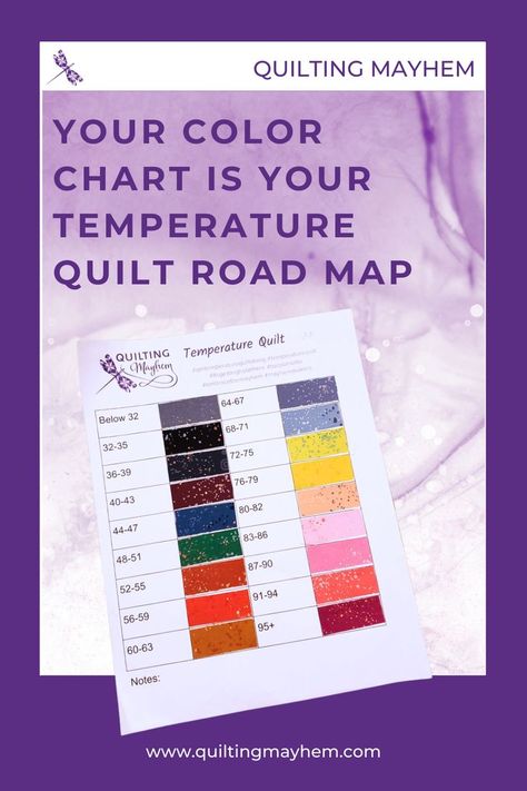 To keep track of which color goes where with your temperature quilt, we recommend creating a chart with fabric swatches, temperature ranges, color names, and order numbers. This tool will keep your project manageable, make sure you get your 2024 chart from Quilting Mayhem. Find out more about building creative habits with your temperature quilt from Quilting Mayhem. Temperature Quilts, Temperature Quilt, Fabric Swatches, Color Names, Color Chart, Quilting, Color