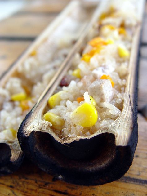 Bamboo rice - a specialty from Ping'an (near Lanzhou and Guilin) in China.  The rice is put in a bamboo container, which is then placed on a barbecue Bamboo Rice Recipe, Bamboo Containers, Bamboo Rice, Guilin, Cafe Menu, Rice Recipe, River Rock, Rice Recipes, Rice