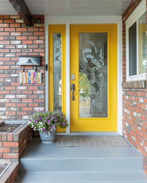 Some still photos for the OG Instagramers. Door color is ‘Glitzy Gold’ by Sherwin-Williams but color mixed in @valsparpaint duramax exterior paint. Painting the front door is the easiest way to add color to your home! 🌈 . #frontdoordecor #frontdoor #yellowdoor #colorfulmodern #colorfulhome #boldmodern #cljsquad #fallporchdecor Painting The Front Door, Add Color To Your Home, Door Inside, Yellow Door, Yellow Doors, Fall Decorations Porch, Door Color, Paint Painting, Blue Walls