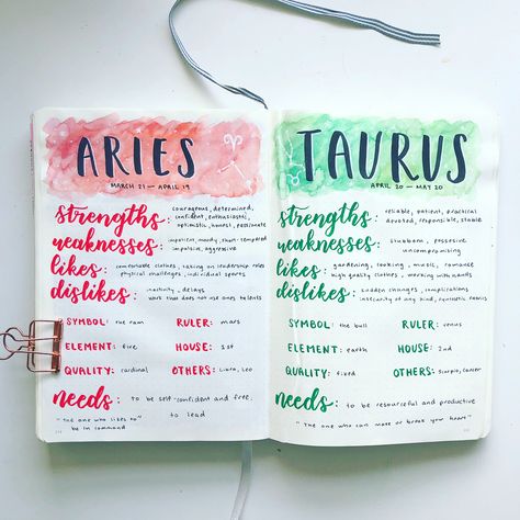 Ava’s Bujogram on Instagram: “✨Astrology series 1/6✨ • • ♈️Aries and ♉️Taurus! ❤️💚 • Post inspired by @nattstudies” Aries Journal, Taurus Journal, Aries And Taurus, Libra And Scorpio, Zodiac Journal, Moon Journal, Witch Stuff, Grimoire Book, Spiritual Journals