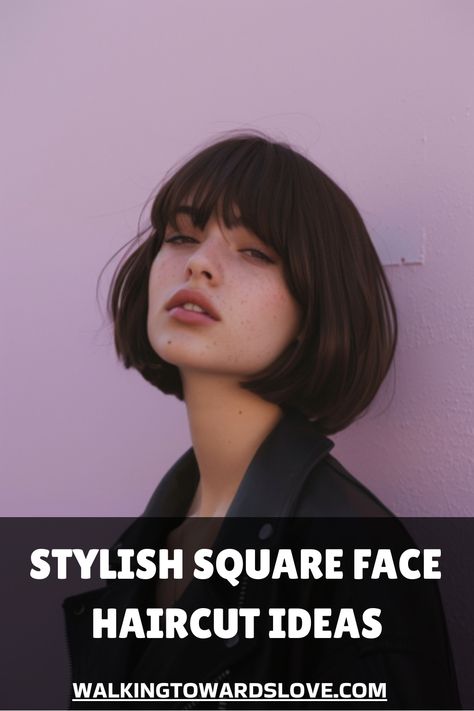 Woman with a short bob haircut and bangs against a pink background. Haircuts For Square Face Women, Haircut Ideas For Square Face, Square Face Bangs, Hairstyle Square Face, Square Face Haircut, Bangs For Square Face, Hairstyle For Square Face, Curly Hair Boy, Haircuts For Square Faces