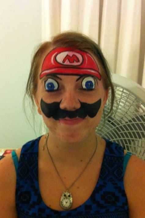 Creepy Mario Facepaint Funny Face Paint Ideas For Adults, Face Paint Ideas Full Face, Funny Facepaints, Bad Face Paint, Face Paint Characters, Cute Face Paint Ideas For Halloween, Crazy Face Paint, Full Face Painting Ideas, Red Face Paint Ideas