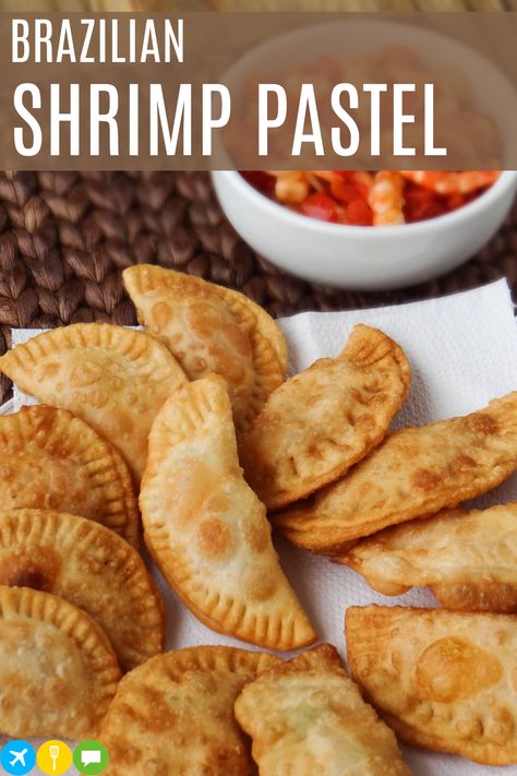 Pastel is a traditional Brazilian snack (depending on its size it can be considered a meal). Learn here how to make a delicious Brazilian Shrimp Pastel! #brazilian #shrimp #pastel #empanada #handpie #savory #recipe #snack #lunch #dinner #food Brazilian Empanadas Recipe, Pastel Brazilian Recipe, Seafood Empanadas, Brazilian Lunch, Brazilian Pastel Recipe, Brazillian Food Recipes Dishes, Brazilian Pastel, Authentic Brazilian Food, Caribbean Appetizers