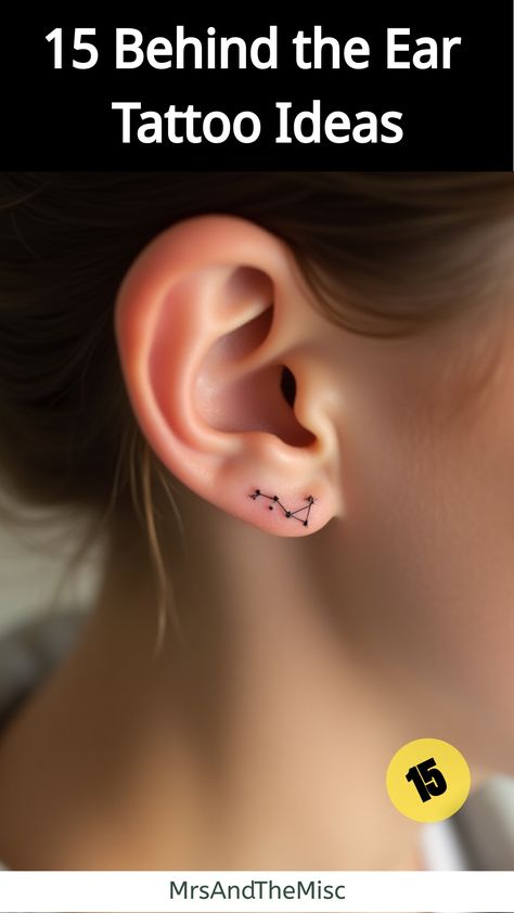 Behind the Ear Tattoo Ideas,Person with zodiac constellation tattoo behind ear Meaningful Behind The Ear Tattoo, Simple Behind The Ear Tattoos, Behind The Ear Tattoos, Behind The Ear Tattoo Ideas, Behind The Ear Tattoo, Constellation Design, Gothic Lettering, Ear Tattoo Ideas, Planet Ring