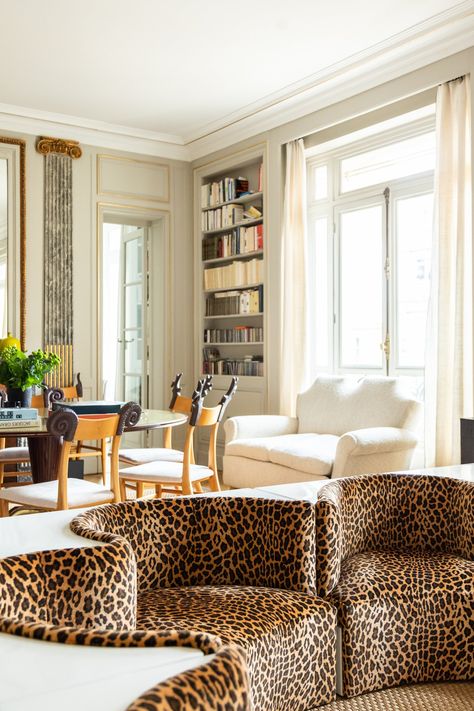 Sylvie de Chirée and Philippe Rapin, Virgile Dumont - The Socialite Family Jazz House, Animal Print Furniture, Herringbone Wood Floor, Socialite Family, Printed Sofa, Paris Home, Vintage Sofa, Elegant Homes, Elle Decor