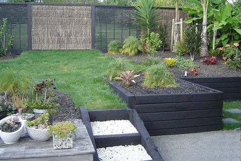 Black sleepers Painted Railway Sleepers Garden, Black Sleepers Garden, Painted Sleepers Garden, Painted Sleepers, Black Retaining Wall, Black Decking Ideas, Small Garden Retaining Wall, Garden Railway Sleepers, Black Decking