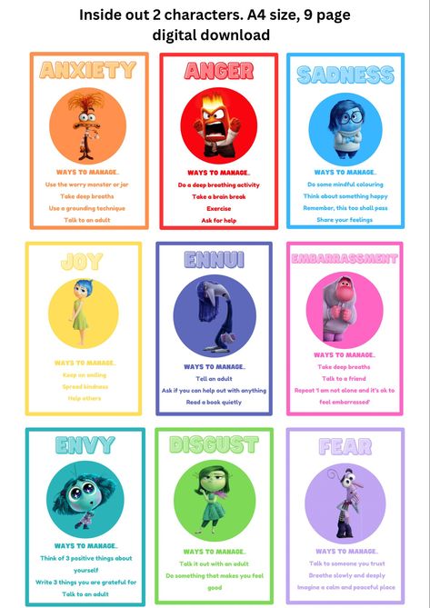 Inside out 2 emotion posters  Each emotion is an A4 poster size  It has ways to manage the emotions and cope with them  Digital download only Inside Out Worksheets Free Printable, Inside Out 2 Activities For Kids, Inside Out Snacks, Inside Out Emotion Chart, Managing Emotions Activities, Inside Out 2 Bulletin Board, Inside Out 2 Emotions, Activities For Emotions, Inside Out Activities