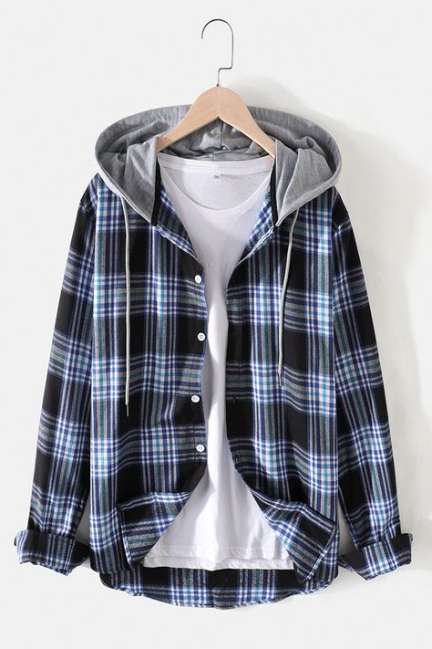 June Egbert, Falcon Design, Oversized Shirt Men, Plaid Print Shirt, Hooded Long Sleeve Shirt, Sweat Workout, Streetwear Mode, Korean Streetwear, Mens Fashion Streetwear