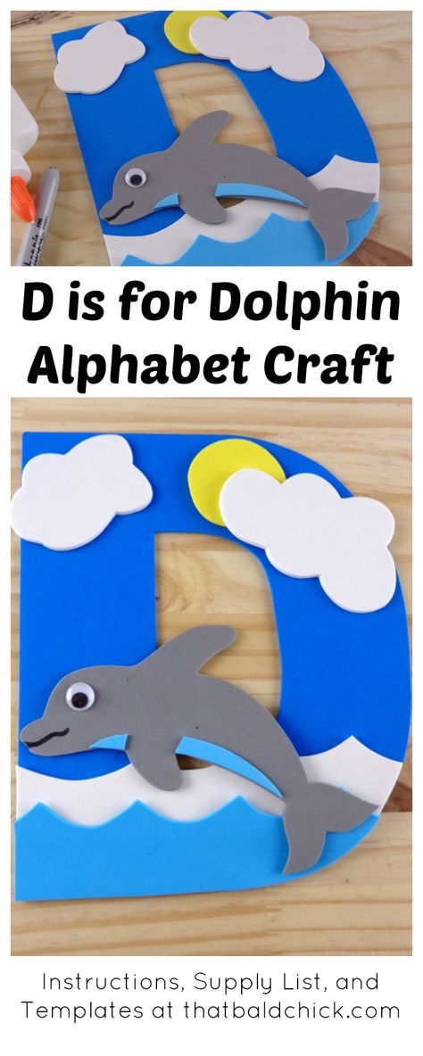 This D is for Dolphin Alphabet Craft is perfect for learning about letters sounds and aquatic animals! Get the instructions, supply list, and templates.  via @thatbaldchick D For Dolphin Craft, D Is For Dolphin Craft, Dolphin Crafts, Dolphin Craft, Aquatic Theme, Preschool Ocean, Letter D Crafts, Sea Animal Crafts, Ocean Ideas