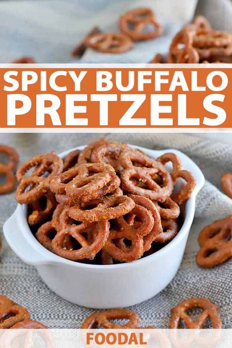 When your next snack attack strikes, load up on a couple of handfuls of spicy buffalo pretzels. This savory and salty snack packs a punch of flavor in every seasoned bite. You won’t be able to stop shoveling these into your mouth, and they're perfect for game day! Get the recipe now. #snackattack #gamedayrecipes #foodal Salt And Vinegar Pretzels, Buffalo Pretzels, Cold Apps, Spicy Pretzels, Ranch Pretzels, Seasoned Pretzels, Dinner Board, Pretzel Snacks, Xmas Candy