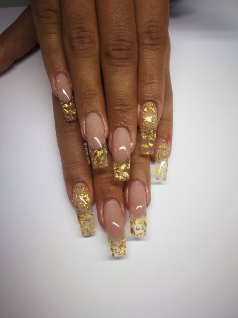 Gel Nails With Gold Foil, Baddy Nails, Gold Nails Prom, Andy Pandy, Square Gel Nails, Nails With Gold, Clear Acrylic Nails, Gel Nail Art Designs, Drip Nails