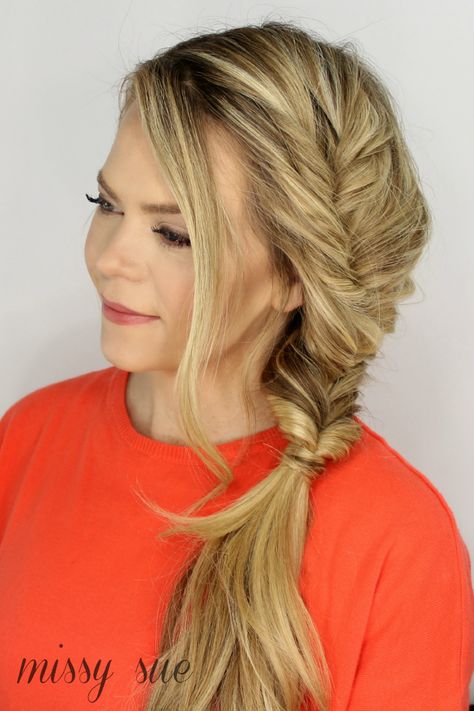 Faux Fishtail Side Braid. Something to look forward to when my hair gets longer again. Missy Sue Hair, Faux Fishtail Braid, Faux Fishtail, Braid Fishtail, Fishtail Braid Updo, Missy Sue, Fishtail Braid Hairstyles, Side Braid Hairstyles, Bohemian Braids