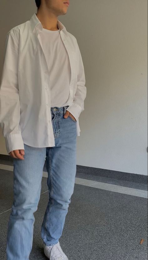 White And Blue Mens Outfit, Blue Jeans And White Top Outfit Men, White Shirt Jeans Outfit Men, White Shirt And Jeans Outfit Men, White Polo Shirt Outfit Men Aesthetic, Blue Jeans White Shirt Outfit Men, White And Denim Outfits Men, Jean And White Shirt Outfit, White Shirt Blue Jeans Men