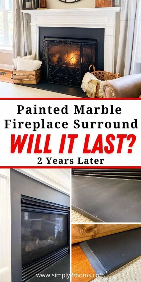 Yes, you can paint a marble fireplace surround with chalk paint, but would we still recommend doing this project two years later? We're giving our most popular DIY project a review and sharing all the details. Fireplace Surround Diy, Brick Wall Fireplace, Paint Fireplace Tile, Black Fireplace Surround, Painted Mantle, Marble Hearth, Granite Fireplace, Fireplace Redo, Diy Fireplace Makeover