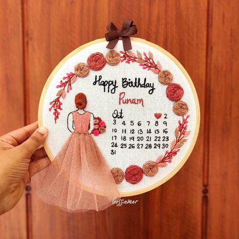 Watch complete step by step tutorial in my youtube channel "Embroidery by Gossamer" ❤️ Birthday Calendar Hoop Embroidery, Embroidery Calendar Pattern, Calendar Hoop Embroidery, Love Calendar, Butterfly Tattoo Stencil, Embroidery Hoop Art Diy, Cutwork Blouse, Birthday Girl Quotes, Simple Hand Embroidery Patterns