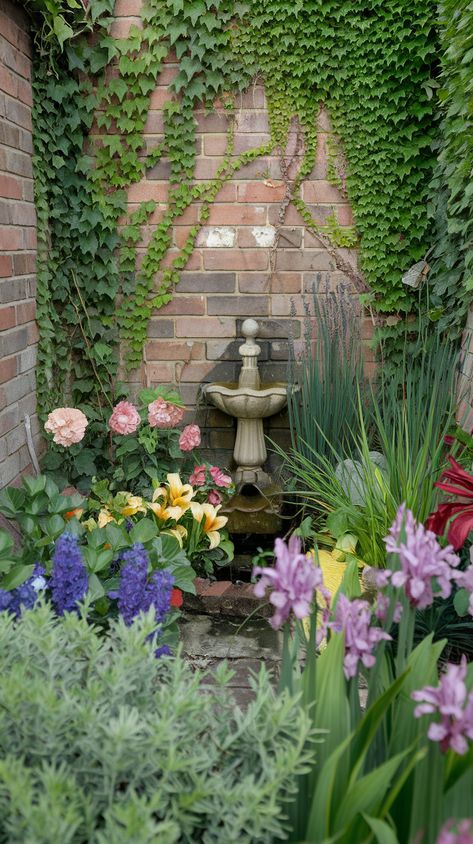 Secret garden in the backyard with flowers, plants and a small fountain near the wall. Secret Garden Home Decor, Secret Garden Bathroom, Tiny Front Yard Landscaping, Secret Garden Design, Secret Garden Ideas, Ideas For Small Backyards, Garden Nooks, Boho Safari, Hidden Oasis