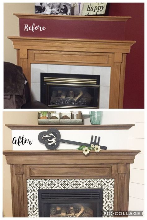 Refinishing Electric Fireplace, Oak Fireplace Makeover Before And After, Electric Fireplace Painting Ideas, Painted Wood Fireplace Ideas, Electric Fireplace Makeover Diy, Boho Fireplace Makeover, Painting Fireplace Mantel, Painted Electric Fireplace, Painted Mantle Ideas